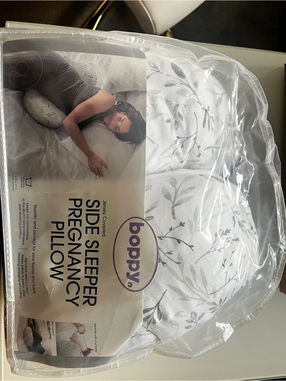 Boppy Side Sleeper Pillow - White with Gray Leaf Print